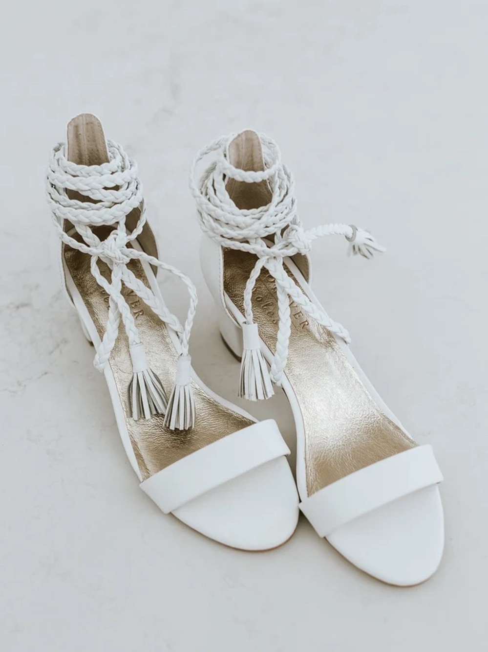 Forever Soles Bridal Shoes White Braided Lace-Up Tassel Heels